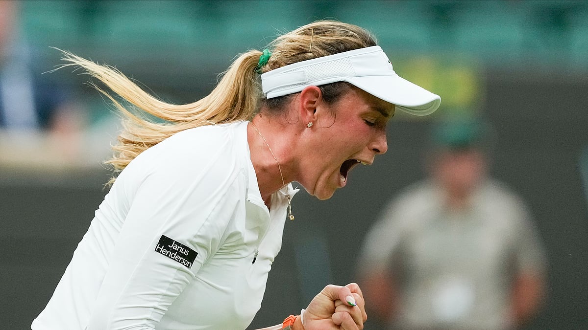 Donna Vekic of Croatia reacts during her quarterfinal match against Lulu Sun of New Zealand at the Wimbledon tennis championships in London, Tuesday, July 9, 2024.  - (AP Photo/Mosa'ab Elshamy)